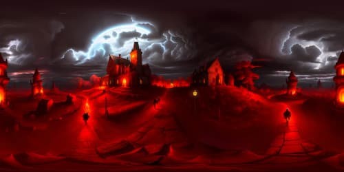 TV drama Stranger Things styled Gothic CREEPY Castles SURROUNDED BY skinny vocalnic stones. dark red background. RED Lightnings in the sky