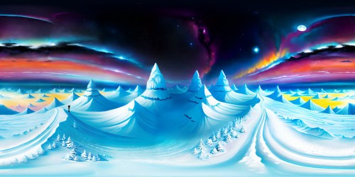 Ultra high-res VR360 winter landscape, snowfall under moonlit night, starry sky overhead. Glittering snowflakes, luminous moonbeam reflections on untouched snow. VR360 view of diamond-like stars, masterpiece style, finest quality details.