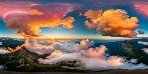 Spectacular celestial vista with a radiant sunset, vivid hues melting into each other, clouds billowing like cotton candy in an ultra-high-definition depiction of picturesque perfection.