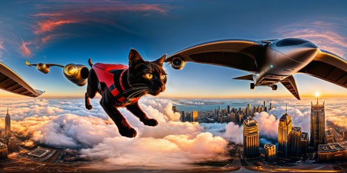 A flawless cat overlooking a sprawling futuristic cityscape at twilight, crimson skies embracing soaring eagles amidst a sleek fleet of flying cars, all reflected in the mesmerizing retina display of an ultra high-resolution iPad.