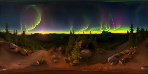 VR360 masterpiece ultra high-res, ultrarealistic forest valley panorama. mountain overlook, starry night sky with northern lights, remote wilderness. dusk sunset behind the mountain range in the distanceVR360 soft light illumination, fine detailing
