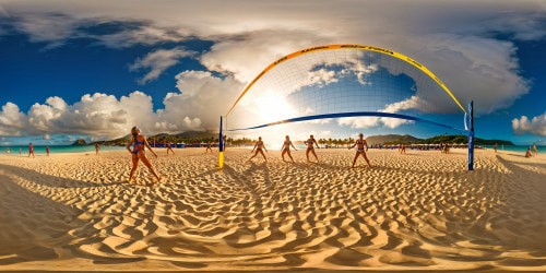 A pristine, flawless beach scene captured in ultra high resolution, showcasing a vibrant game of beach volleyball under the scorching sun, shimmering sand, glistening ocean waves, and energetic players in action, embodying a dynamic and lively masterpiece.