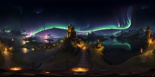 Masterpiece VR360 view, ultra-high-resolution, castle silhouette towering over scene, starry night sky filled with shimmering constellations, glowing windows hinting at unseen interior, intricately detailed turrets. Above, the dance of the Northern Lights - fantasy art style.