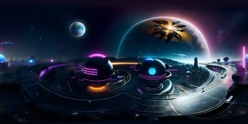 Superlative VR360 sci-fi spectacle, alien metropolises, mirror-finish chrome architecture, star-flecked backdrop. Neon-lit energy spheres, levitating starships. Pixel-perfect digital artistry.