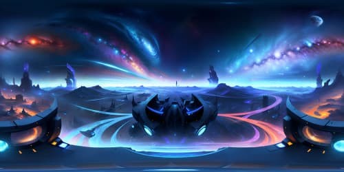 VR360 masterpiece, surreal art style, blend of deepest space and futuristic city skyline. Ultra high-res details, star clusters, nebulae, skyscrapers, twinkling lights, pulsating neon colors.