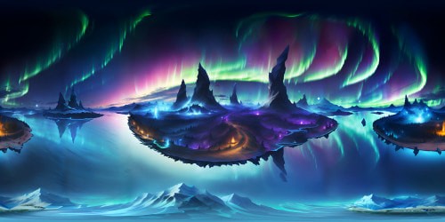 VR360 masterpiece, ultra-high resolution, blend of fantasy and digital painting, stunning sky, iridescent clouds, ethereal northern lights, confetti of stars, delicate nebulae. VR360 view, serene foreground, silhouetted mountains, light-kissed water. Elegant, enchanting, breath-taking.