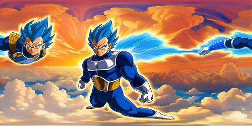 Iconic Saiyan prince Vegeta, with impeccable HD detail, majestic anime perfection, dynamic energy aura, vivid blue skies, epic atmosphere of battle and determination.