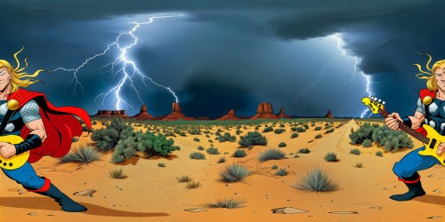 Thor playing an electric guitar in the desert while a thunderstorm rages overhead.