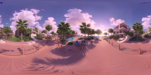 Masterpiece quality, ultra-high resolution VR360. Golden sand beachfront, azure ocean extending to infinity. Palm silhouettes in the periphery, sun setting in surreal shades. Style: hyper-realistic.