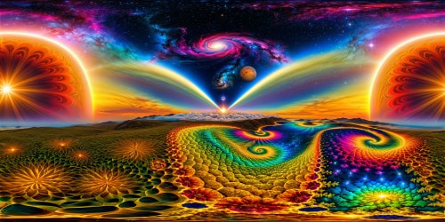 Vibrant cosmic voyage through kaleidoscopic dimensions, swirling fractals, luminous pulsating colors, awe-inspiring celestial vistas, mind-bending hallucinations of boundless beauty, transcendent journey of infinite detail.