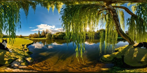 A flawless, ultra high-resolution masterpiece capturing a majestic willow tree casting shadows over a serene pond, with a graceful cat perched on a mossy branch and a loyal dog splashing in the crystal-clear waters.