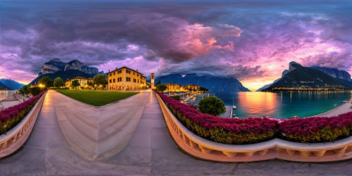 An exquisitely detailed ultra-high-res art piece of Riva del Garda's lakeside promenade during twilight, where a flawless, serene sunset bathes the scene in pastel hues, while the setting sun creates a beautiful purple palette on the horizon, accompanied by the distant approach of an ominous autumn thunderstorm.