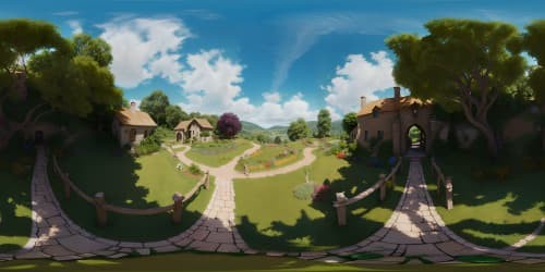 VR360 view, high-resolution fantasy art, painterly texture, vibrant colors. Lush Shire landscape, iconic round doors in hillsides, watermill, serene river. Vibrant gardens, distant hills, expansive sky, sunset hues, VR360 perspective.