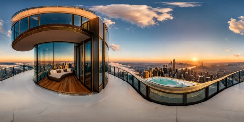 Luxurious penthouse suite with floor-to-ceiling windows, offering panoramic views of a glittering city skyline, sleek modern furnishings bathed in golden hour sunlight, flawless textures, and an impeccable blend of opulence and sophistication.