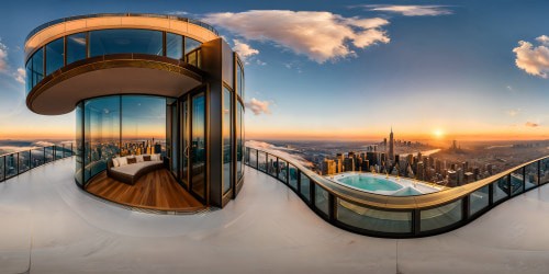 Luxurious penthouse suite with floor-to-ceiling windows, offering panoramic views of a glittering city skyline, sleek modern furnishings bathed in golden hour sunlight, flawless textures, and an impeccable blend of opulence and sophistication.