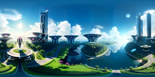 Futuristic city in VR360: Skyscrapers piercing clouds, neon glows reflected in floating bubbles, terraces of greenery. Sleek air-taxis, intricate holograms. Style: Ultra high-res masterpiece, best quality, digital realism. Clear definition, sharp contrast, meticulous detailing in every VR360 view.