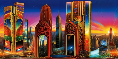 A stunning cityscape straight out of a Marvel Comics universe, with skyscrapers soaring into a vivid sunset, holographic billboards casting reflections on gleaming wet streets, and neon lights highlighting a seamless fusion of futuristic and traditional architectural styles, all captured in flawless detail in ultra-high resolution.