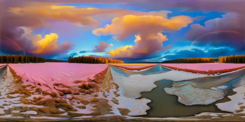 VR360 scene: Dazzling pink snow, serene winter wonderland, rainbow shimmer, moonlit sky for stunning illumination. VR360 imagery, ultra-high resolution, pixel-perfect. Style: Digital masterpiece display, captivating beauty, top-tier quality, mesmerizing tonality.