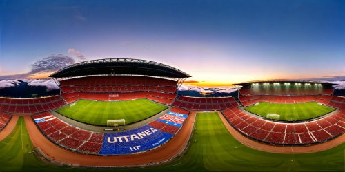 A grand soccer stadium bathed in twilight, meticulously manicured pitch under shimmering floodlights, vibrant team banners fluttering in the night breeze, grandstands filled with roaring fans, all captured in unparalleled ultra high resolution.