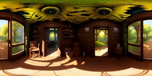 a dark scary old house deep in the woods_there are large spider webs inthe trees_the old house is dark except for one light on upstairs_