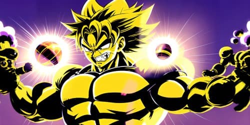 Broly DBZ character, VR360 high-quality rendering, musculature detail, glowing aura, pulverized debris, floating, ethereal. Effect of masterpiece digital painting, cell-shaded style, vibrant palette.