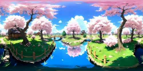 Anime-inspired VR360 universe, sprawling sakura grove in full bloom, floating islands, distant ethereal mountain range. High-definition masterpiece, ultra-high res, soft pastel hues, exaggerated yet detailed landscape. VR360 scene flowing with vibrant anime aesthetics.