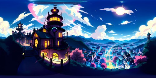 Pixar-style Angel Dust interpretation, Hazbin Hotel ambiance, high-spectrum color palette. Flaming cityscape, bold and neon, VR360 perspective. Ultra high-res textures, meticulously detailed, surreal skyscape. Unprecedented quality, masterpiece VR360 scenery.