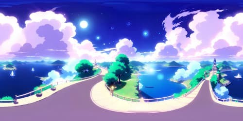 VR360 masterpiece scene, ultra high-definition, anime-style. Floating islands, luminous sakura tree bloom, spiraling clouds. Sky filled with constellations, shooting stars. VR360 grandeur, vibrant colors, detailed textures.