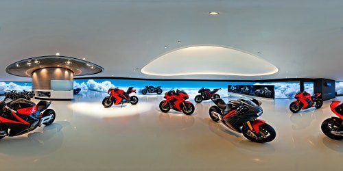 A showroom showcasing futuristic motorcycles, flawlessly designed and gleaming under pristine lighting, each sleek line and curve captured in ultra-high definition, radiating a sense of motion frozen in time, a visual masterpiece in impeccable quality.