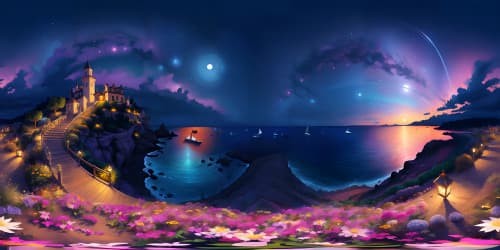 Masterpiece quality, ultra-HD VR360 scene, elegant French Riviera, fill skyline, string of sapphires. Dotted with vintage sailboats, twilight backdrop, star-studded night sky, fantasy art style.