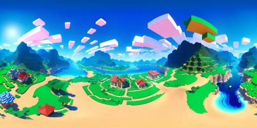 Ultra-high resolution VR360 scene, pixelated Minecraft-style artistry. Low-poly 3D blocks form vibrant, ever-expansive landscapes. Endless emerald plains accented with golden sunlight, cobalt blue rivers snaking through, indigo night enveloping, awe-inspiring VR360 starscape.