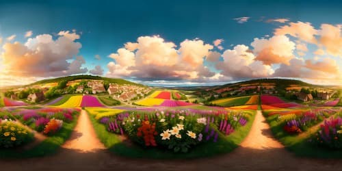 VR360 masterpiece, ultra high-res. Hillside vantage, panorama of vibrant flower field, red-blue-purple-orange-pink-yellow. Horizon boasting setting sun, VR360 skyview.