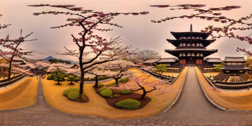 A perfect, high-resolution vista showcasing ancient Japan during a breathtaking cherry blossom festival, where samurais, ninjas, geishas, and futuristic robots coexist harmoniously among pagodas, lantern-lit pathways, misty air, and metallic automatons interwoven with tradition.