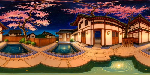 An exquisite and flawlessly detailed bathhouse inspired by Ghibli's "Spirited Away," with ornate tiled walls, shimmering steaming pools, intricate wooden structures, lantern-lit corridors, and cherry blossom trees outside under a starry night sky.