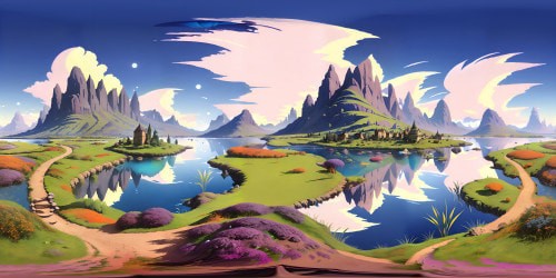 VR360 masterpiece, ultra-HD, dusk-lit meadow, swan shadows on tranquil pond, majestic mountains afar. VR360 view, highly saturated purples, vibrant oranges, twilight glory. Realism meets digital painting, serene meadow panorama with high res finesse.