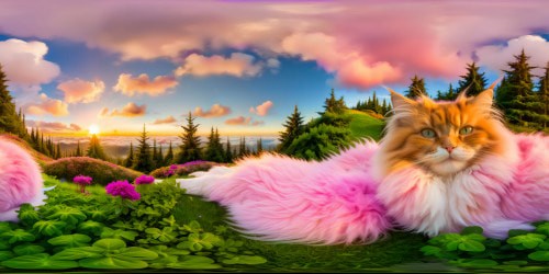 A fluffy feline with soft pink fur, surrounded by a vibrant garden of surreal colors, glimmering in impeccable ultra-high resolution detail, a purrfect masterpiece.