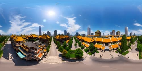 Ultra-HD masterpiece, Chang'an ancient street, VR360 Tang Dynasty cityscape, vibrantly diverse architecture, whimsically realistic style. Intense color scheme, grand urban vista, VR360 elevated skyview panorama. Sprawling cityscape, ultra high-res charm.