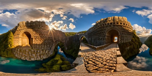 An awe-inspiring ancient stone bridge, adorned with intricate carvings, bathed in golden sunlight, casting long dramatic shadows on flawless details, its reflection shimmering in crystal-clear waters, radiating ultimate perfection in a high-resolution wonderland.