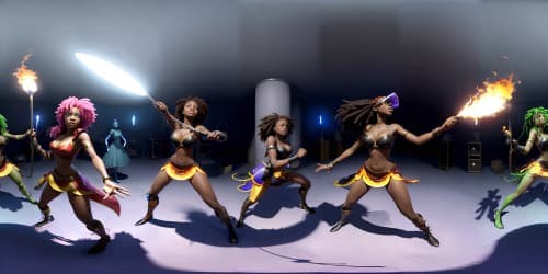 four african american female sorceresses carrying flaming swords.fighting a witch with dreadlocks.