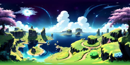 Fantasy art style, masterful VR360 panorama, ultra-high-resolution textures, crystal clarity. Floating islands, waterfalls spilling into abyssal void, twinkling star backdrop, vibrant nebulas. Centrepiece, colossal tree, roots entwining through islands. VR360 immersive Fantasy art, finesse, rich colors.