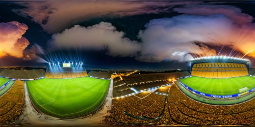 A flawless, ultra high-resolution depiction of the majestic Tigres UANL stadium under the radiant floodlights of a night match, vibrant green pitch, roaring crowd, and towering panther statues at each corner, capturing the atmosphere of a monumental football battle.