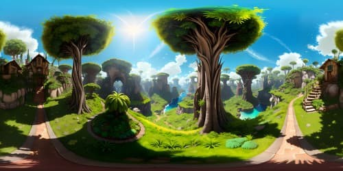 Summertime brilliance, ultra-high resolution, vibrant sunlight streaming through lush foliage, dynamic shadows, massive, detailed tree house, VR360 grandeur. Style: Masterpiece realism, vivid hues, striking contrasts, fluid light play, immersive VR360 panorama.