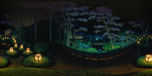 Edo period emaculate Japenese garden at night, lit with cozy warm tonednground lighting and lanterns. detailed kandscaping.