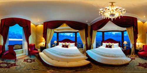 A luxurious and opulent bedroom, adorned with lavish silk drapes, intricate golden accents, plush velvet bedding, and a stunning crystal chandelier, bathed in warm candlelight against rich mahogany furniture, creating a scene of unparalleled elegance and luxury.