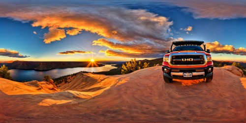 A pristine, top-tier pickup truck glistening under the golden rays of a breathtaking Southwestern sunset, parked serenely by a tranquil lake 80 miles from Santa Fe, every meticulous detail of its polished surface captured flawlessly in ultra-high resolution.