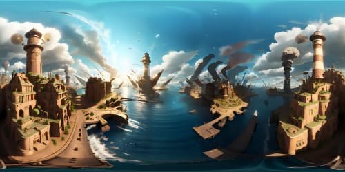 Masterpiece-quality VR360 scene, BioShock Infinite-inspired, ultra-high resolution. Key elements: Steampunk metropolis, floating cityscapes, lighthouse beacon. Style: Surreal art, intricate architectural detailing, vibrant color contrasts. Emphasize expansiveness, verticality, atmospheric perspective.
