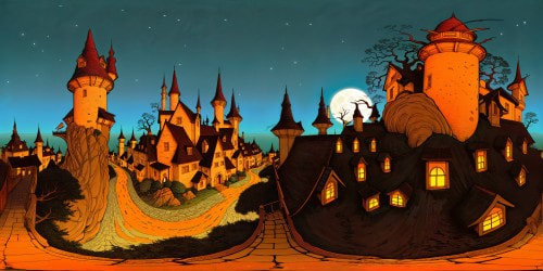 A mesmerizing, ultra high-resolution rendition of Halloween Town from Burton's stop-motion world materializes, showcasing moonlit cobblestone streets meandering among twisted chimneys, eerie pumpkin patches illuminated by flickering candlelight, and skeletal trees entwined like bony fingers beneath a star-studded velvet night sky.