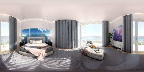 A bedroom with sky blue walls painted with clouds and a rainbow over the bed a fluffy white carpet a big window looking out onto the ocean a big comfy pink chair in the corner and soft lights