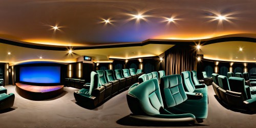 Inside an immaculate, cutting-edge theater adorned with sleek chrome accents and plush velvet seats, a state-of-the-art lighting system bathes the room in a soft, inviting glow, highlighting the flawless acoustics, crystal-clear screens, and seamless integration of technology.