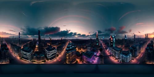 Ultra high resolution VR360, dark Swedish city skyline, glowing midnight, hot hues, reds, oranges contrast with shadowy structures. Style - Masterpiece, best quality, emphasis on tone, texture. VR360 cityscape captivates, immerses.